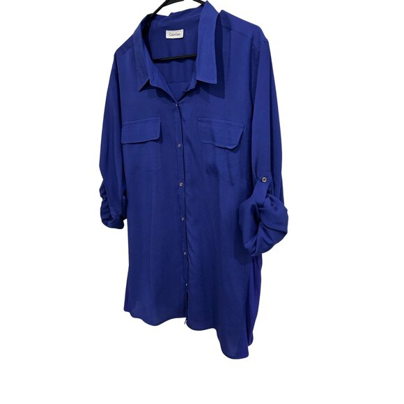 Calvin Klein Button-Up Royal Blue Shirt Rolled Sleeves Chest Pockets Sz Medium - Picture 3 of 8